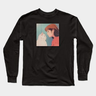 Retro Anime Girl And Cat Vintage Art 70s 80s 90s Long Sleeve T-Shirt